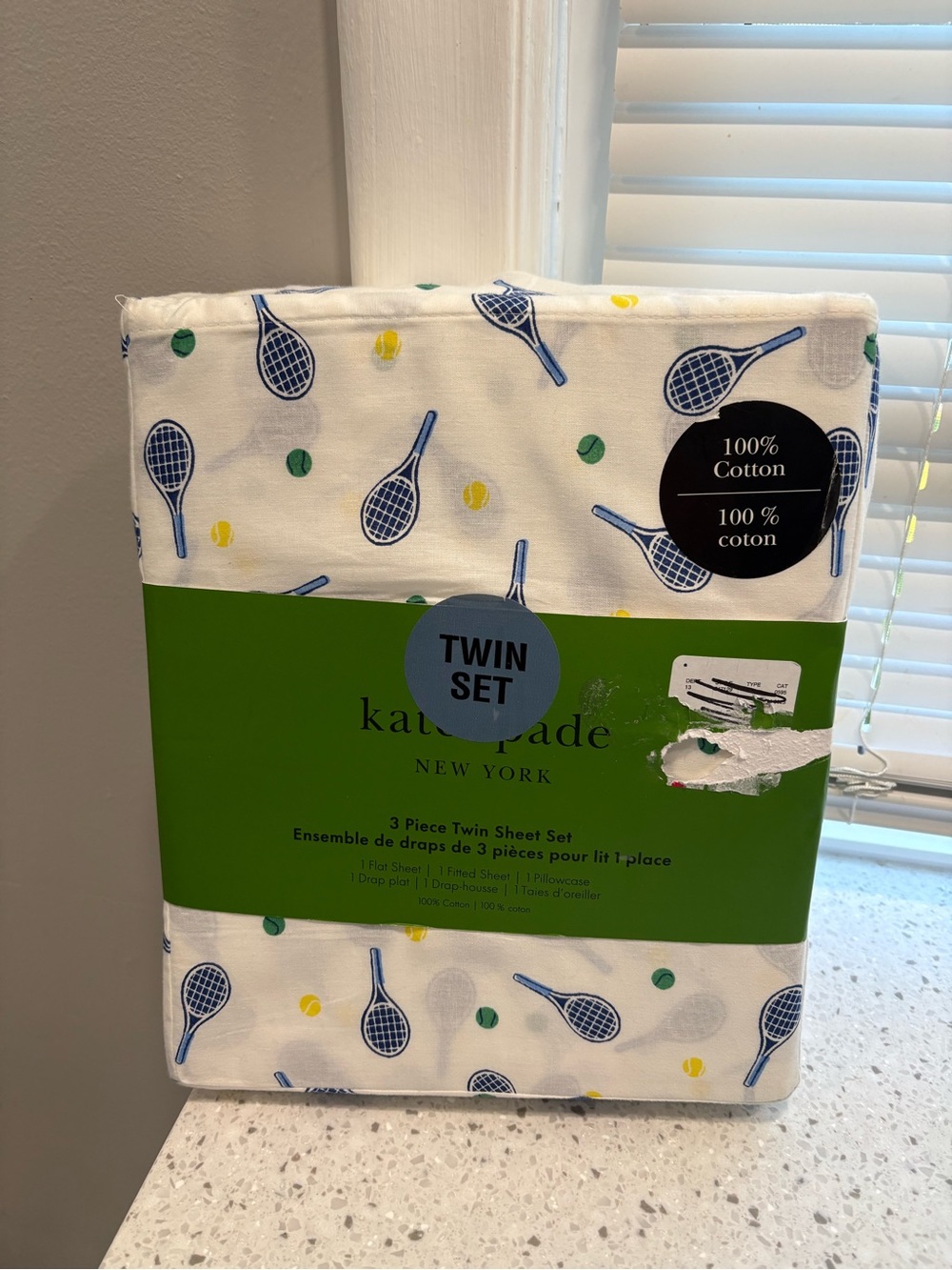 NEW kate spade Twin Sheet Set - White w/Blue Racquets - “Racquetball” Pattern
